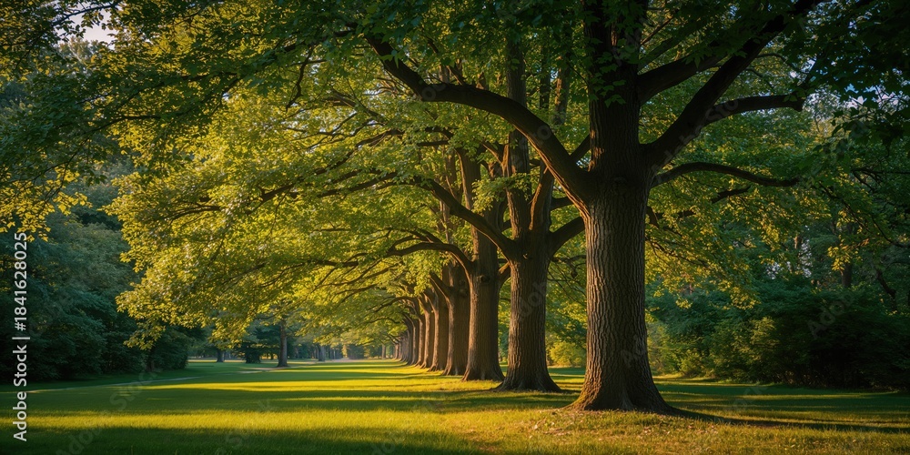 Naklejka premium A lush park with mature maple trees displaying fresh green leaves during late summer, ideal for outdoor activities