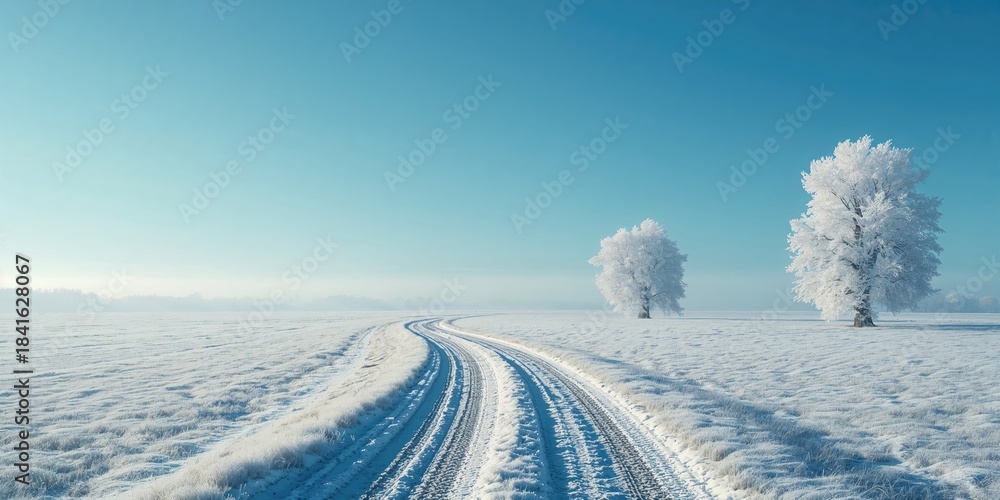 Naklejka premium Winter landscape showing frosted trees, snow blanket over fields, and a dirt trail beneath a blue sky, seasonal change