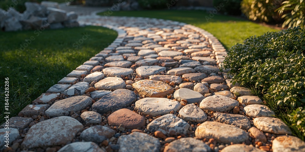 Naklejka premium Stone mosaic walkway with diverse shapes and vibrant colors, emphasizing natural materials in outdoor setting