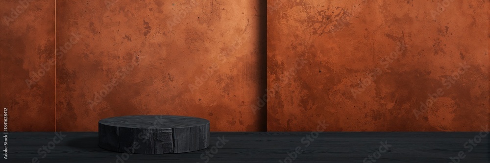 Obraz premium Empty copper orange wall behind a dark black wooden surface used as a rustic product display background
