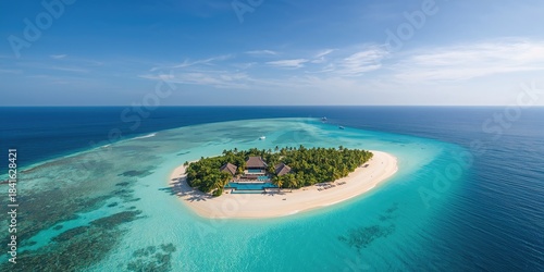 Fototapeta Naklejka Na Ścianę i Meble -  Aerial view of a beach in Maldives, ideal for layout backgrounds, tropical setting