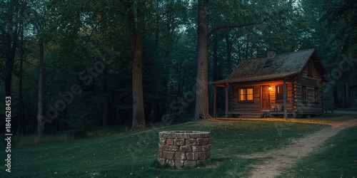 A wooden cabin surrounded b...