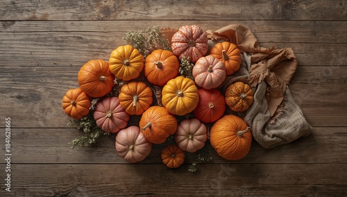 Pumpkins arranged on backgr...