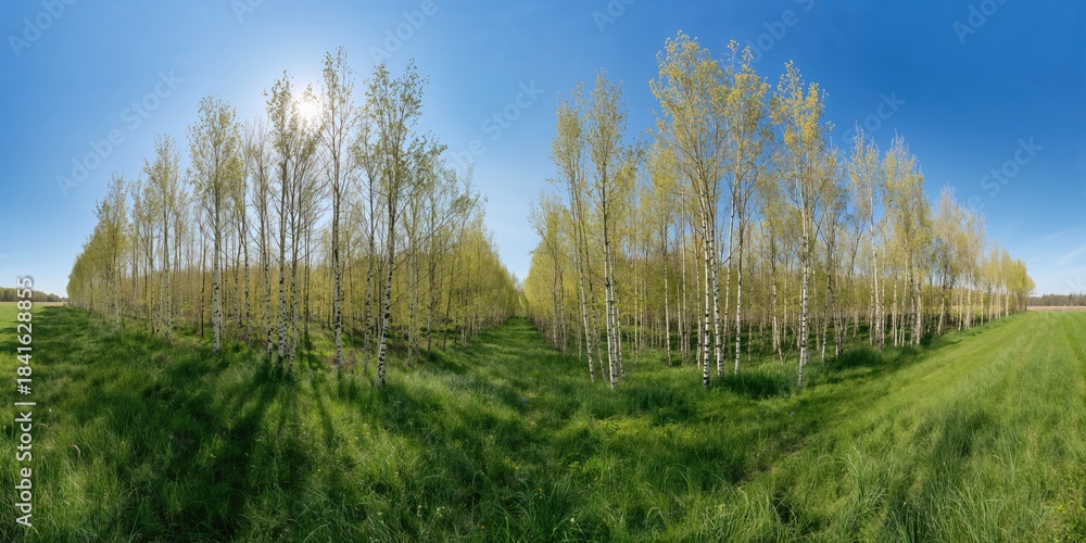 Naklejka premium Birch grove, panorama for photo printing wall murals, high resolution photo, spring forest with birches, seasonal change