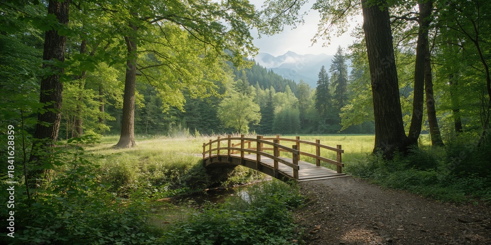 Naklejka premium Wooden footbridge spanning a forest pathway for trail maintenance planning