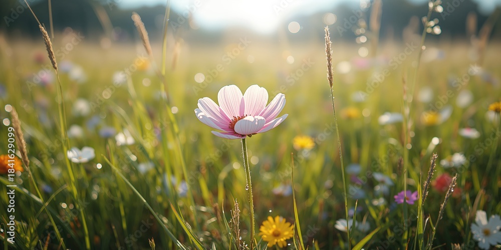 Obraz premium Blooming Cosmos Bipinnatus in a bright summer meadow, ideal for floral background or landscape scenes