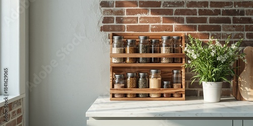 Fototapeta Naklejka Na Ścianę i Meble -  Indoor kitchen scene with spice jars, wooden cutting boards, and a potted plant, ideal for layout or design backdrop