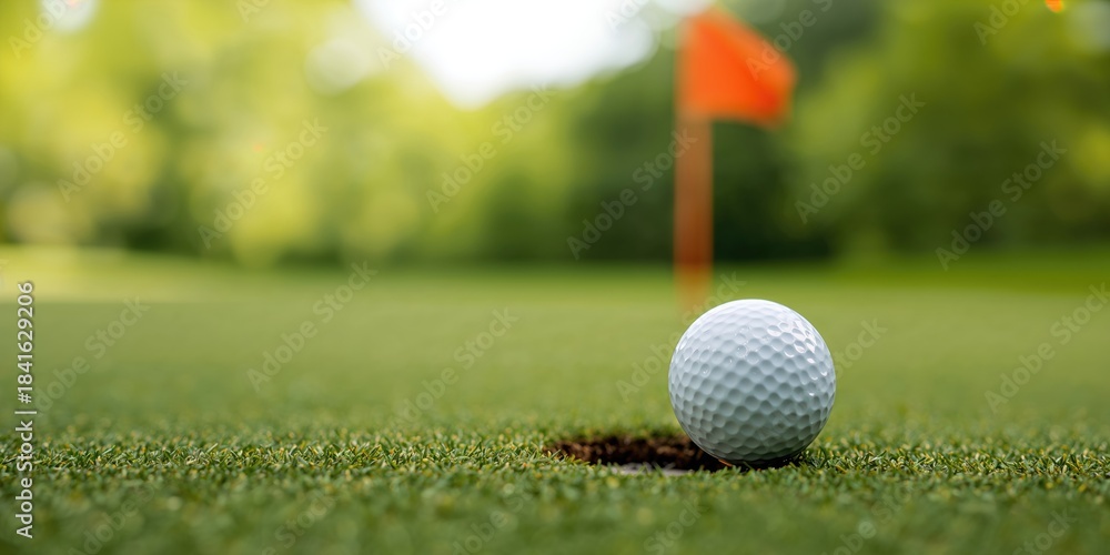 Fototapeta premium Golf ball positioned near the hole with flag pole on a green course, focus and precision in sports, Earth Day