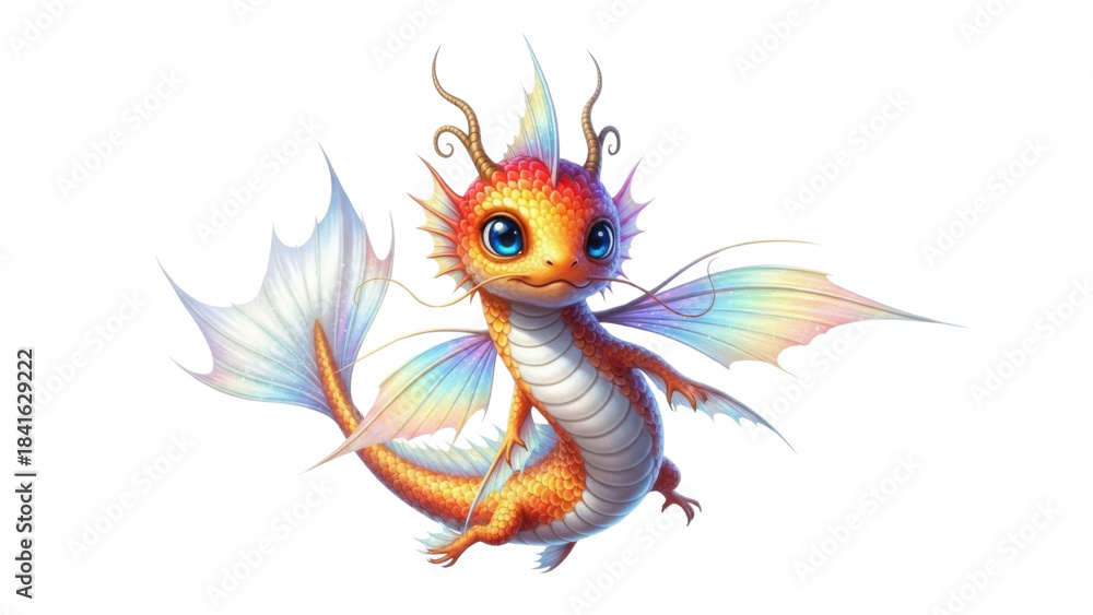 Obraz premium Cute isolated baby rainbow dragon fantasy character illustration isolated PNG with Transparent Background