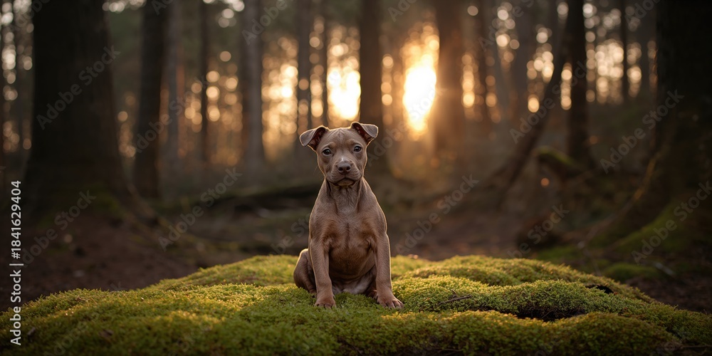 Fototapeta premium American Staffordshire terrier in a forest setting, natural environment for outdoor activity or habitat preservation