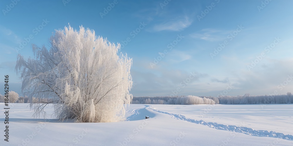 Naklejka premium Frozen white trees on a cold winter day, seasonal change and winter landscape