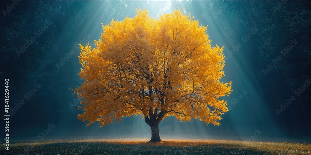 Obraz premium Yellow-leaved trees set against a blue forest background, fall foliage