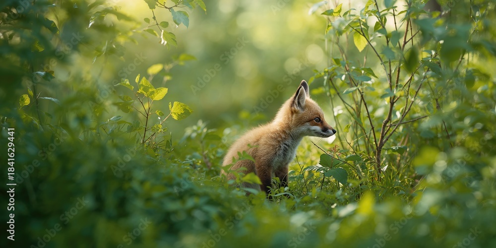 Fototapeta premium Fox kit watching nearby foliage, natural behavior in woodland setting