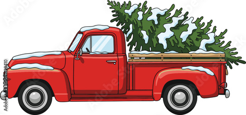 Charming vintage red pickup truck delivering a freshly cut, snow-dusted evergreen tree, symbolizing festive winter holiday traditions and cheer