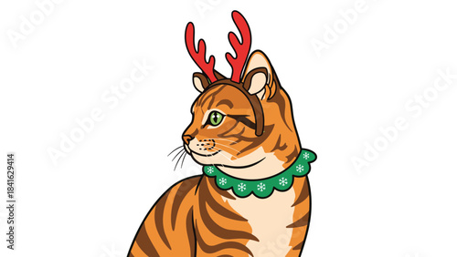A cartoon tiger wearing reindeer antlers and a green scarf on isolated for christmas or holiday designs