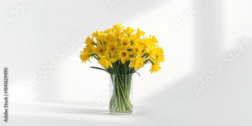Yellow spring blooms in a clear glass vase used as a floral display, flowers on white backdrop