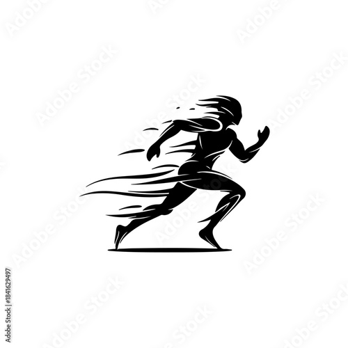 Stylized black vector silhouette of a person running fast, symbolizing speed and determination isolated on transparent background