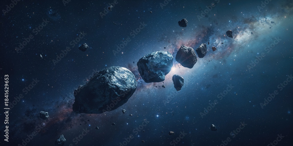Obraz premium A metallic asteroid belt traverses space amid smaller rocks and waste, highlighting space cleanup efforts