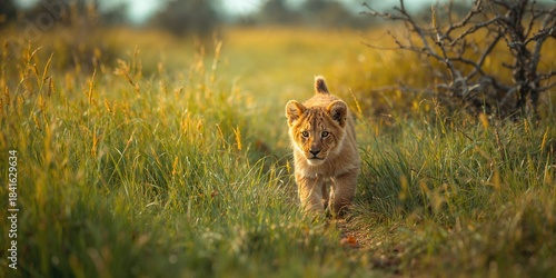 Young lion exploring grassy...