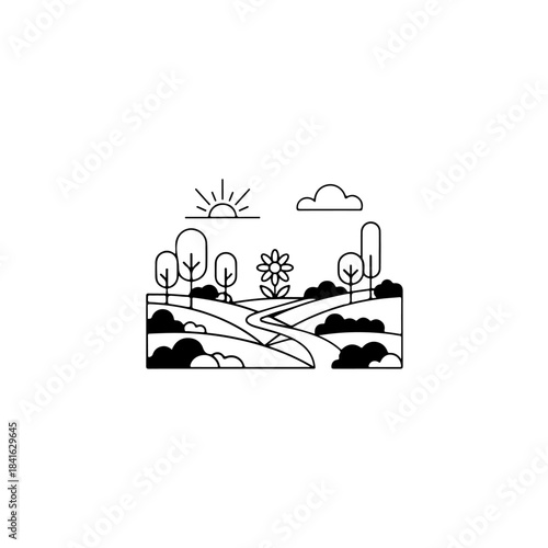 A stylized black and white drawing of a countryside scene featuring trees and a large flower under a rising sun isolated on transparent background