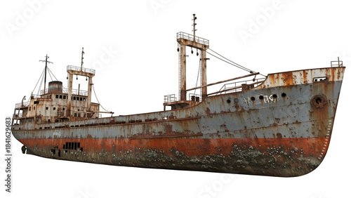 A rusted ship is sitting on the shore, isolated on white or transparent background. PNG