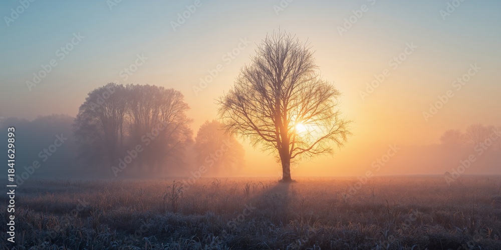 Naklejka premium Dawn in a Dutch village with hoarfrost on trees, highlighting seasonal change and cold weather conditions