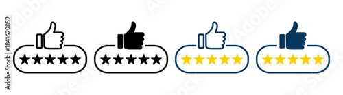 Five star rating icons with thumb up in rounded label set on transparent background