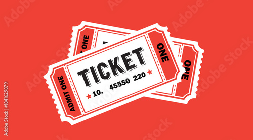Two vintage red and white admission tickets for an event, stacked slightly overlapping, set against a solid red background