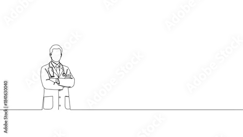 continuous line drawing young male doctor with stethoscope standing crossed arm healthcare medical profession concept single line sketch on white background minimal vector illustration