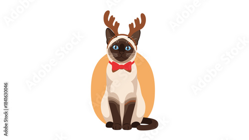 A cute cartoon siamese cat wearing reindeer antlers and a red bow tie on a vibrant orange circle background
