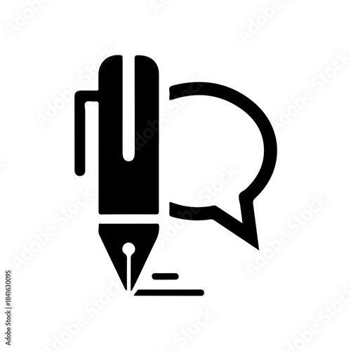 An icon illustration depicting writing communication with a fountain pen and speech bubble isolated on transparent background
