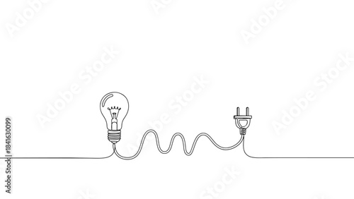continuous line drawing light bulb and power plug simple connection energy solution icon single line sketch on white background minimal vector illustration