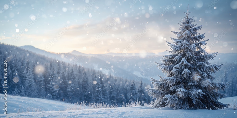 Obraz premium Festive winter landscape featuring snow and blurred lights for seasonal greeting card design, holiday theme