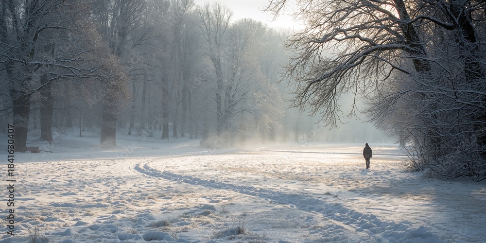 Naklejka premium A person walking in a snow-covered park during winter, seasonal change