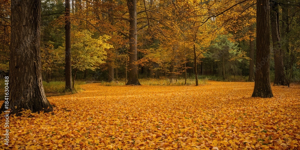 Naklejka premium Autumn landscape with a forest glade filled with yellow fallen leaves and dark tree trunks, seasonal change