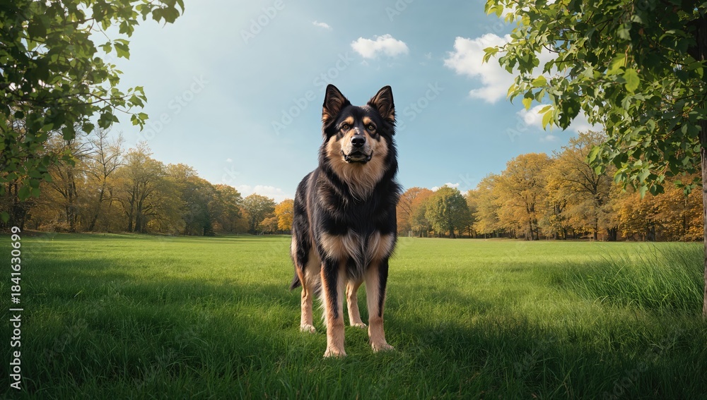 Fototapeta premium Large Caucasian shepherd dog in a rural outdoor environment, highlighting breeds guarding traits