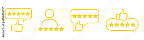 Five star rating and feedback icons set in yellow outline on transparent background