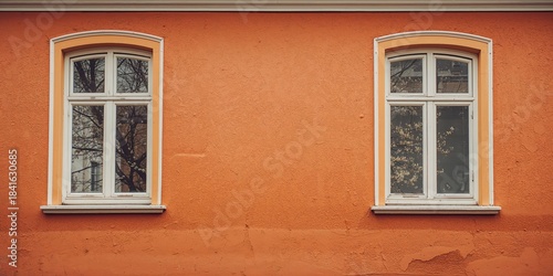 Orange wall with two window...