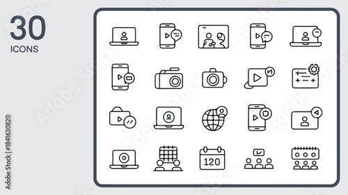 Collection of 30 minimalist flat icons representing video, media, and communication concepts for digital platforms and applications