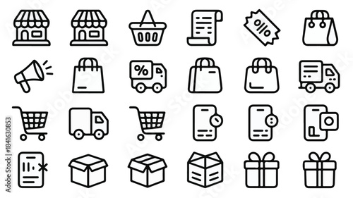 A Comprehensive Set of 24 E-commerce and Shopping Icons, Featuring Stores, Bags, and Delivery Vehicles