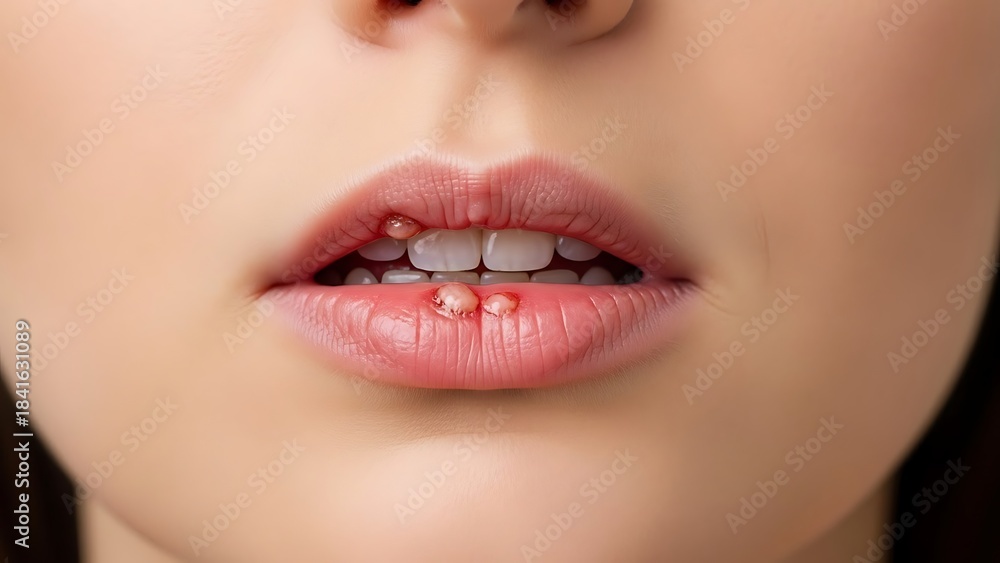 Obraz premium Detailed macro shot of painful herpes simplex virus cold sores on a young woman's lips