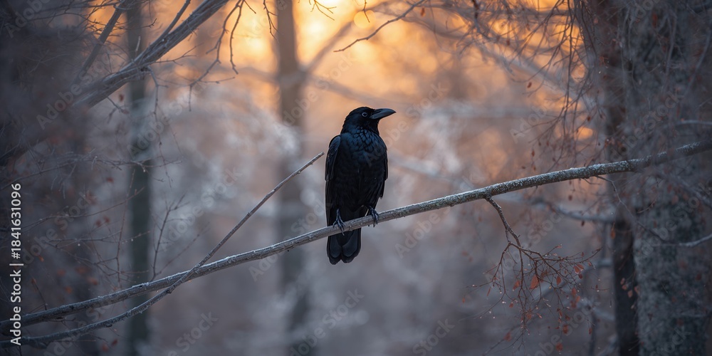 Fototapeta premium Common raven perched on a branch in winter forest at sunset, wildlife and ornithology research