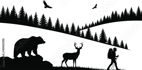 Silhouette wilderness scene with hiker, bear, deer, flying eagles, and dense pine forest illustrating wildlife exploration, outdoor adventure, nature trekking, and mountain scenery