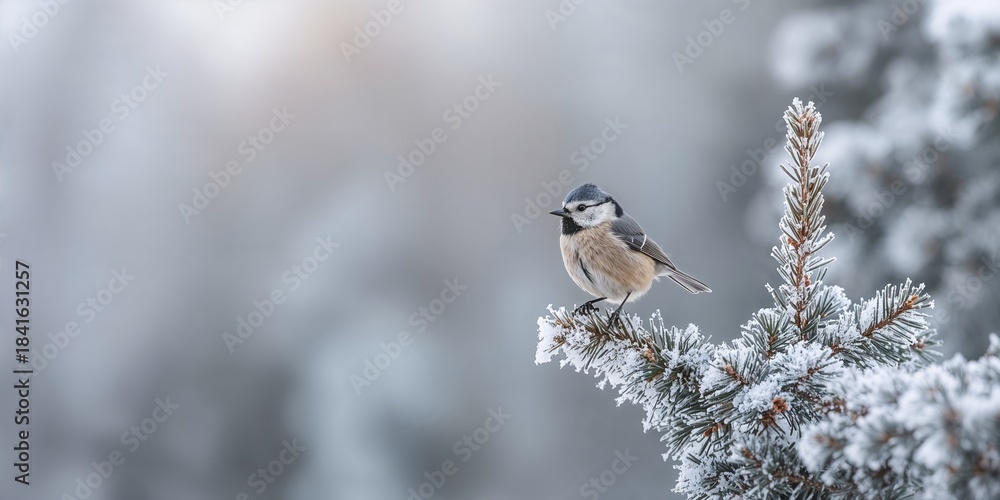 Fototapeta premium A titmouse sitting on a conifer branch in winter, natural bird behavior