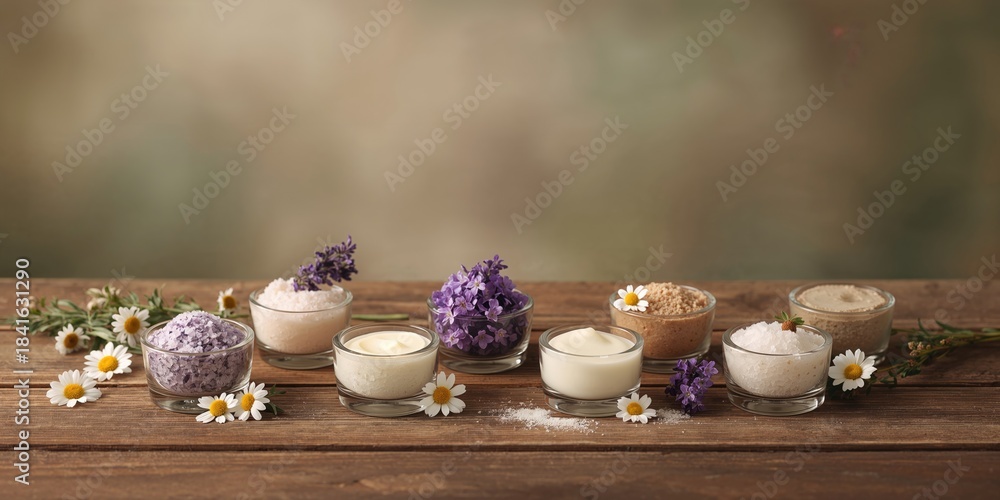 Obraz premium Cosmetic creams, lip balm, soap and bath salt with herbal flowers on table, skin care routine, natural ingredients, World Health Day