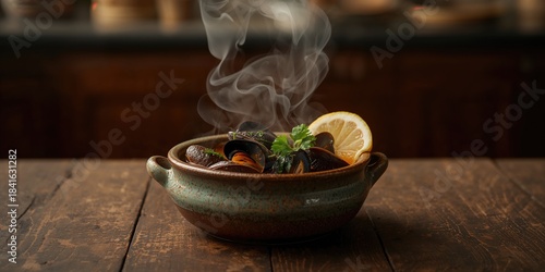 Serving of mussel soup high...