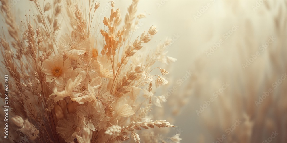 Fototapeta premium Decorative background featuring dried cereals and brown vegetation for editorial headers