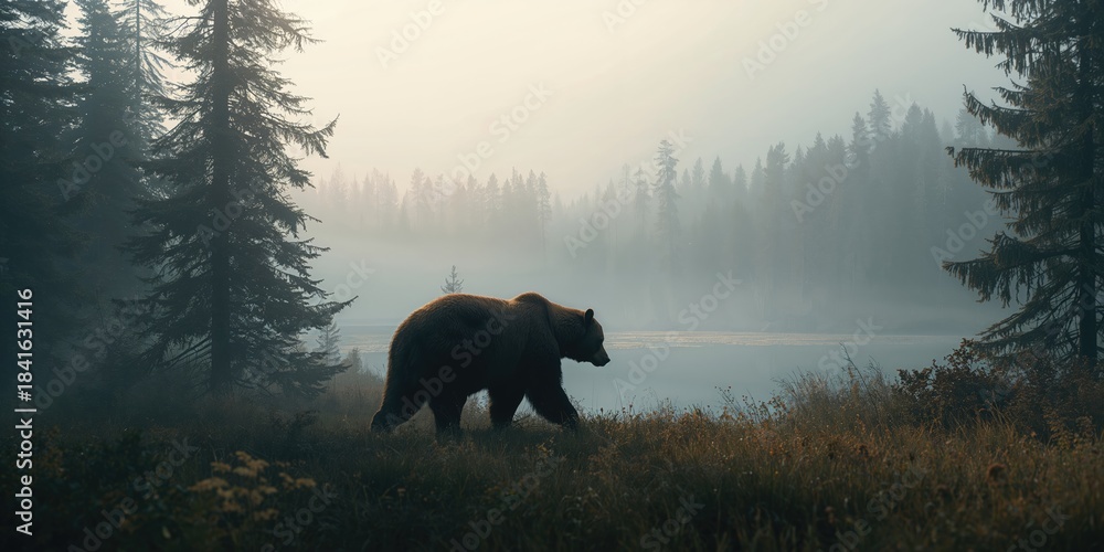 Fototapeta premium Misty fog surrounds a brown bear in the arctic taiga forest, highlighting seasonal environmental changes