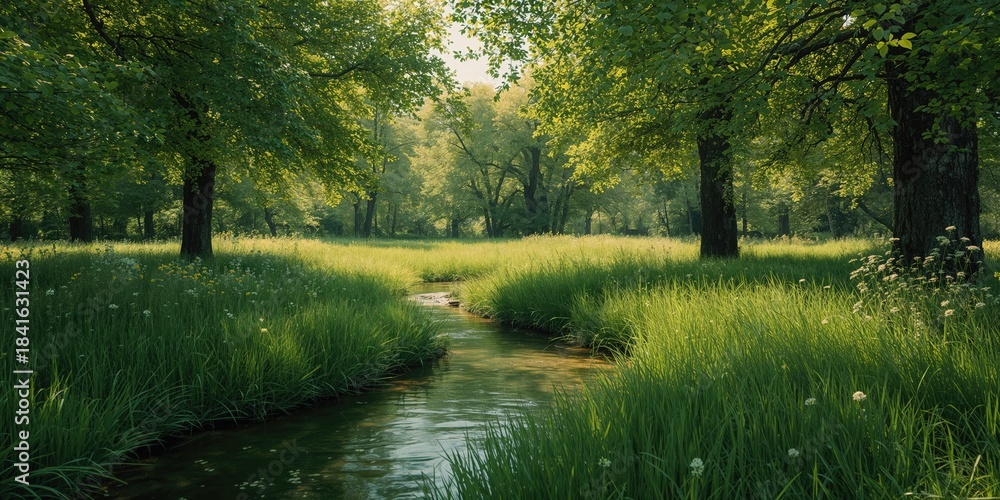 Naklejka premium Lush greenery and mature trees in a rural landscape, ideal for environmental or seasonal themes