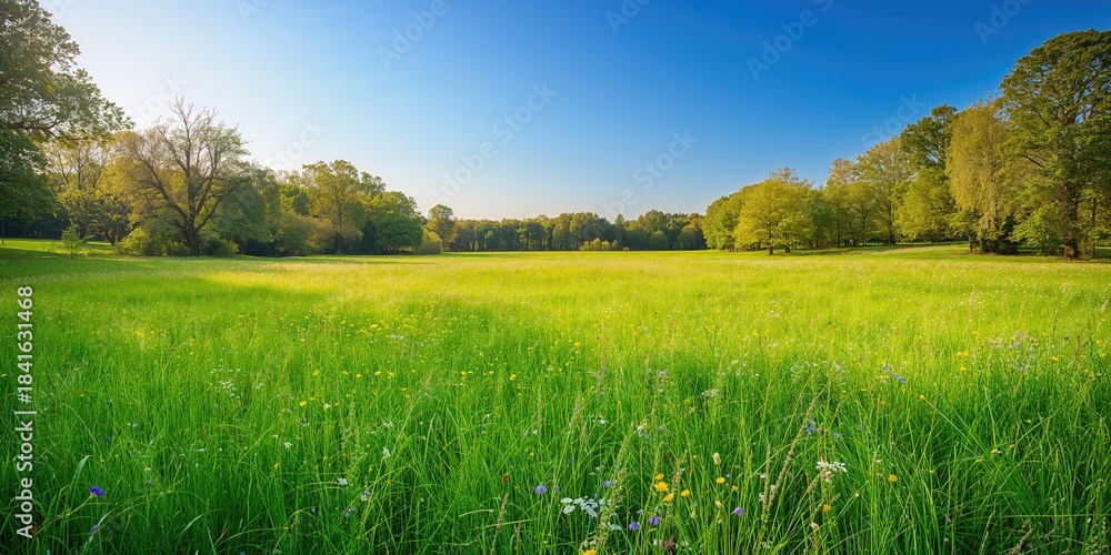 Naklejka premium Vibrant meadow with abundant foliage serving as a natural backdrop for editorial headers